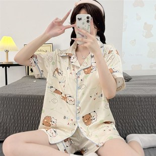 情侣冰丝睡衣女夏季短袖带胸垫可爱卡通一二布布夏天男家居服套装