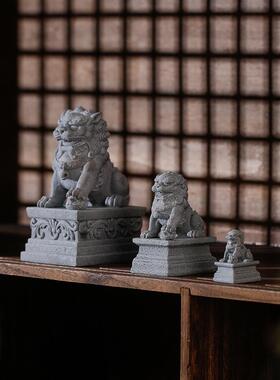 创意福瑞石狮子一对青砂石摆件茶宠盆景鱼缸造景桌面门厅阳台装饰