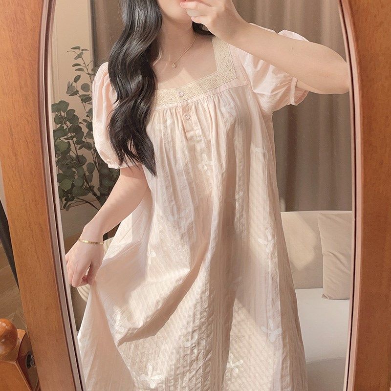 纯棉睡裙女夏短袖方领蕾丝花边家居裙薄款甜美带胸垫睡衣