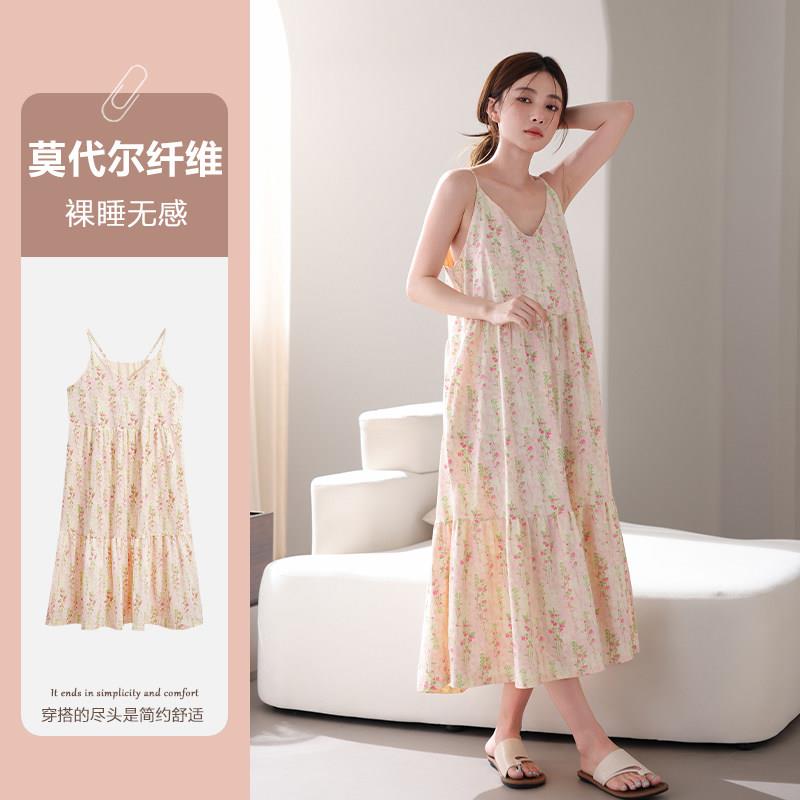 OxyTime氧时间 带胸垫睡裙女夏季莫代尔吊带甜美花卉洋装家居服