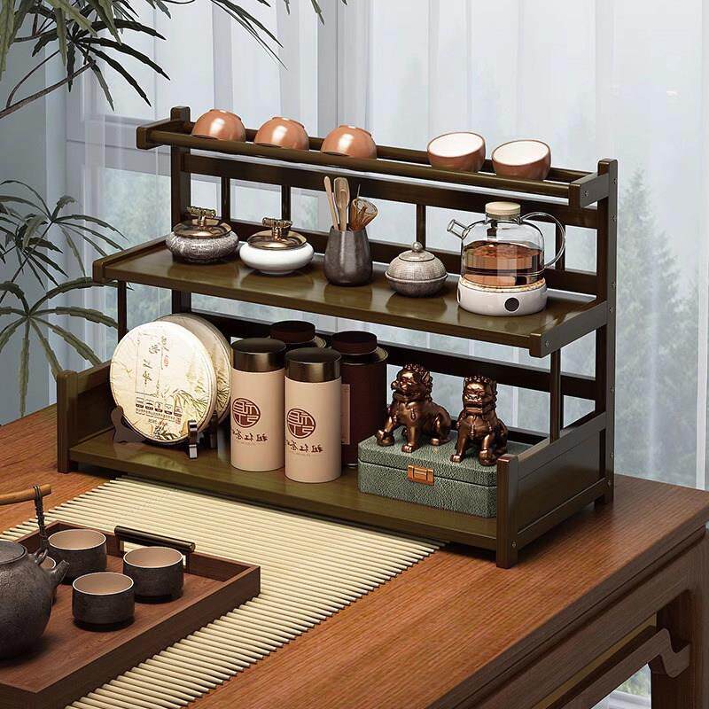 高级感茶具置物架茶桌博古架小型实木收纳架茶杯茶台展示摆件架子
