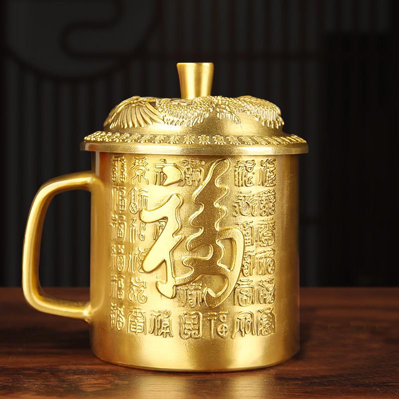 新款黄铜百福杯纯黄铜茶缸高档家居茶道摆件古玩铜器收藏带盖把手