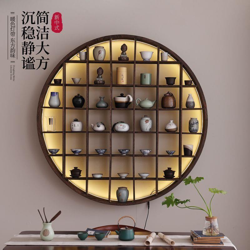 实木多宝阁墙上博古架茶杯茶具收纳置物架中式复古格子壁挂展示架