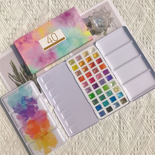 40色珠光固体水彩颜料铁盒小清新套装儿童学生初学者专业美术工具