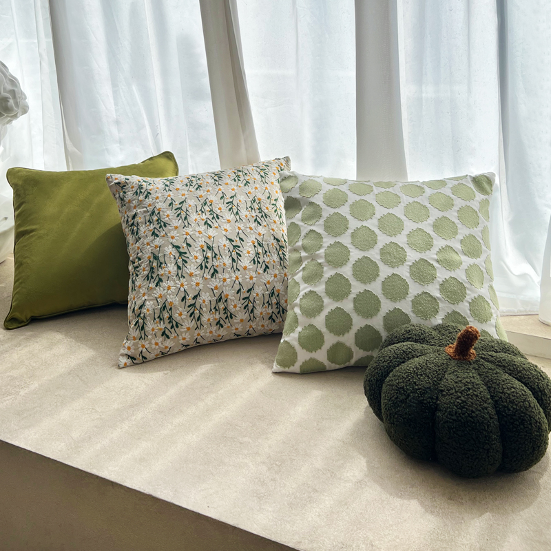 绿色小清新田园风靠垫45cm绣花枕套天鹅绒纯色抱枕小碎花靠枕套