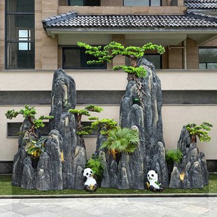 仿真假山石头造景中式庭院布置鱼池装饰酒店开业迎客松绿植摆件