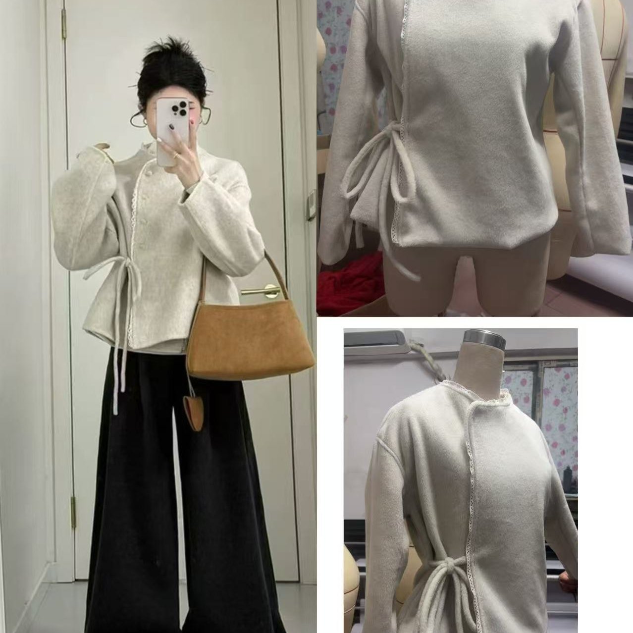 入冬搭配一整套韩系穿搭小香风蕾丝蝴蝶结毛呢外套休闲裤两件套装