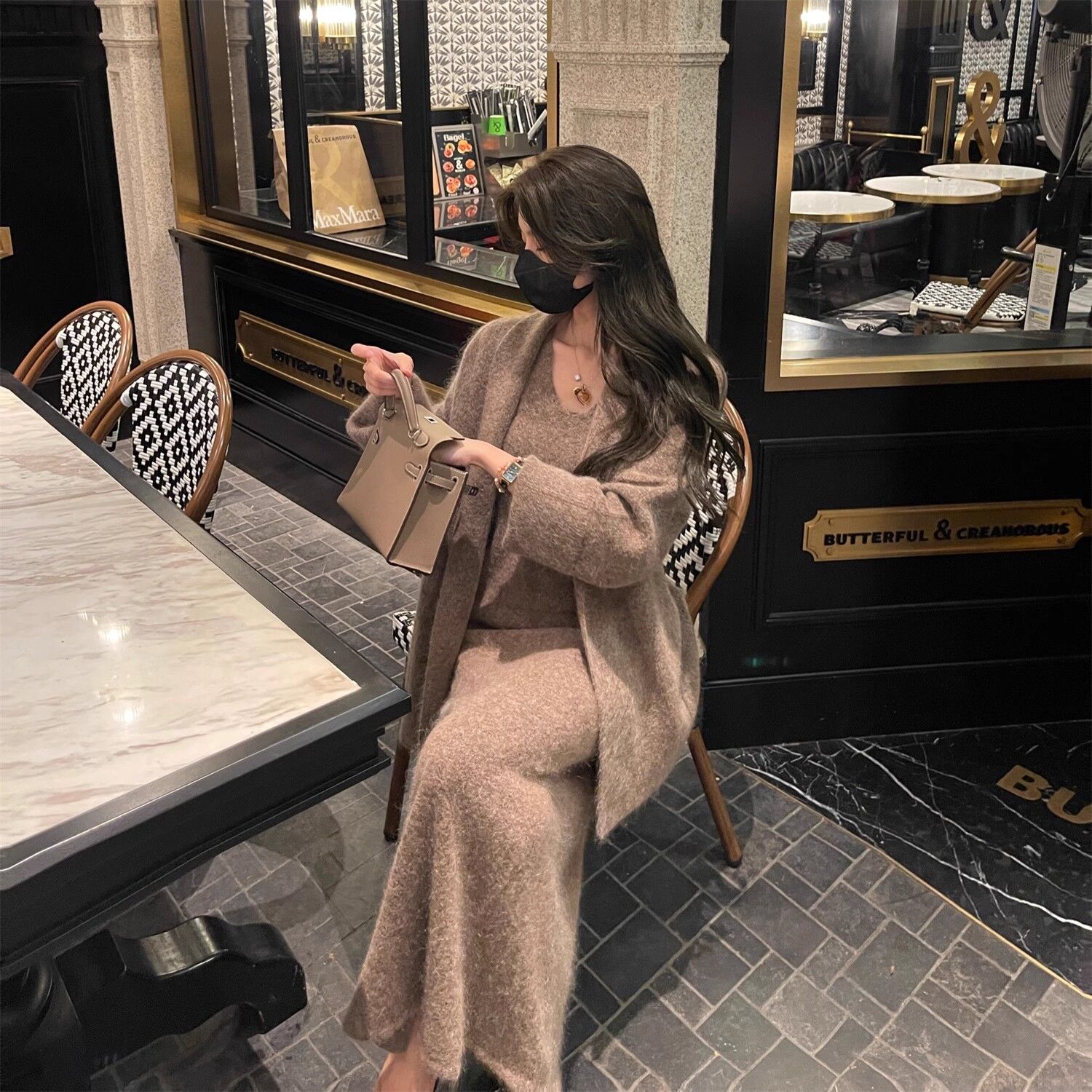 两件套时尚套装女2023年秋冬新款宽松慵懒风长款美拉德外套连衣裙