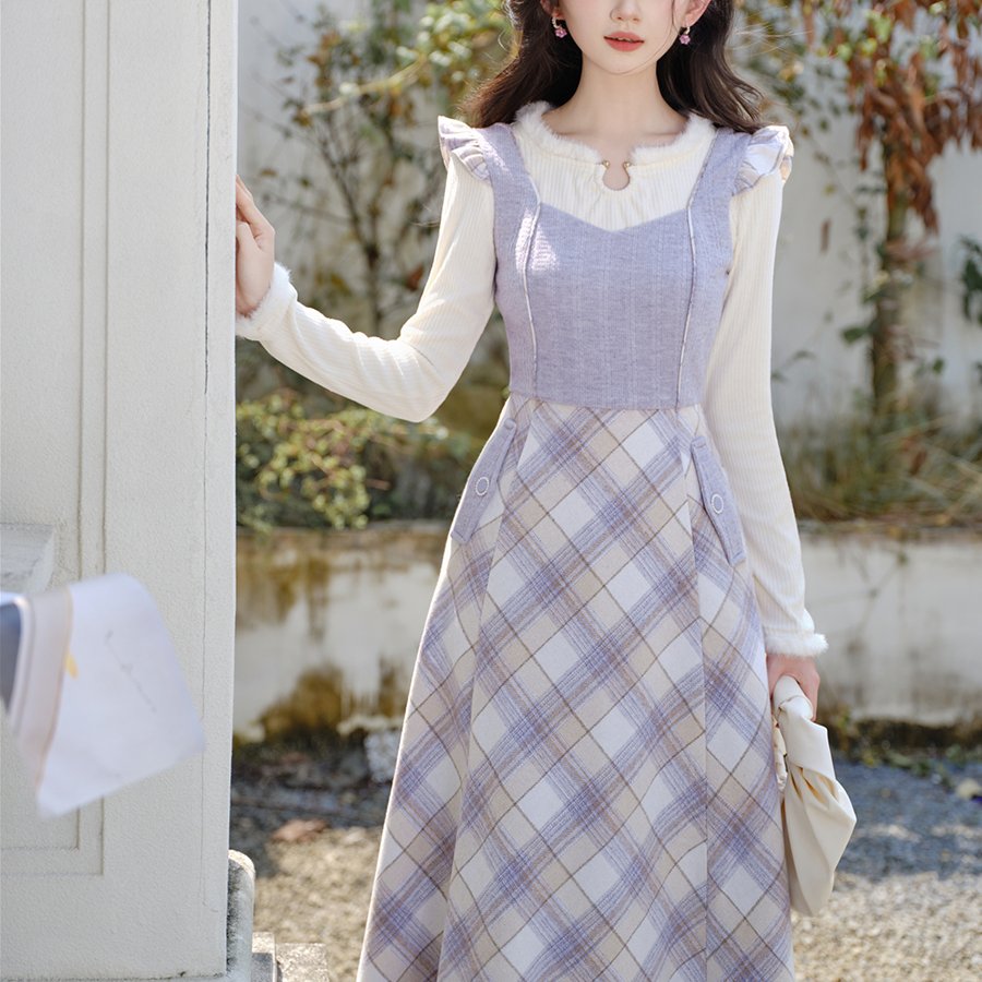 实拍 冬季温柔风浅紫色拼接格纹毛呢裙+打底针织衫两件套