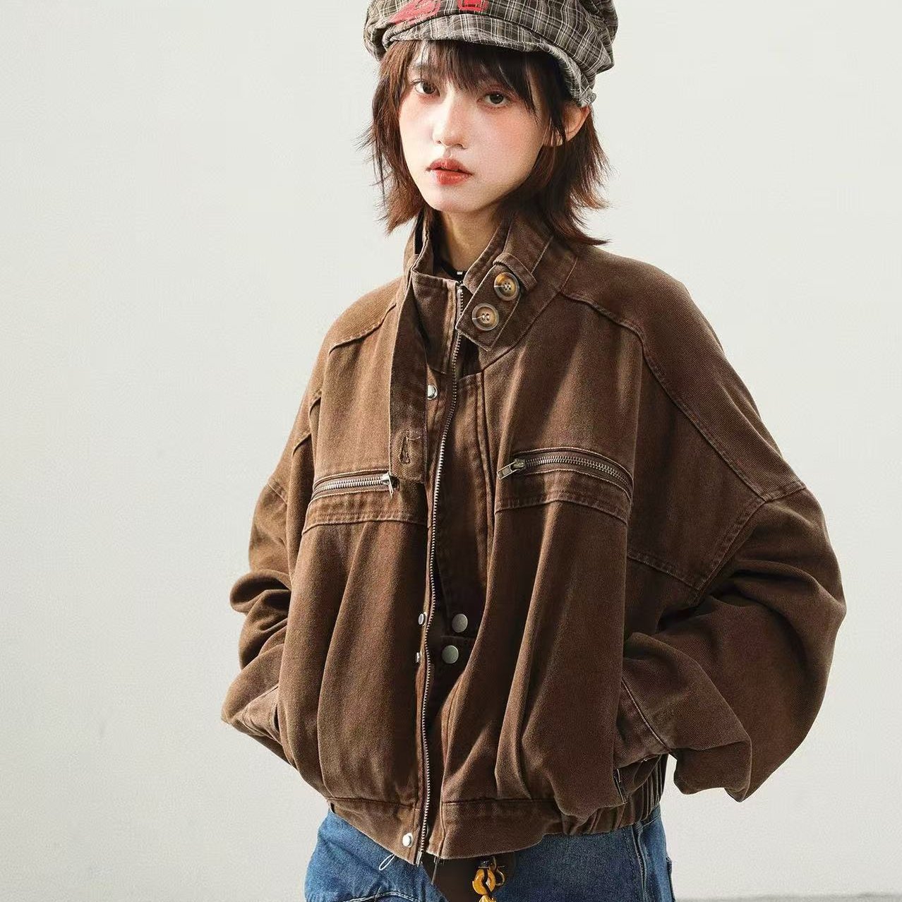 AONW美式复古工装牛仔外套女秋季新款宽松高级感短款夹克上衣潮