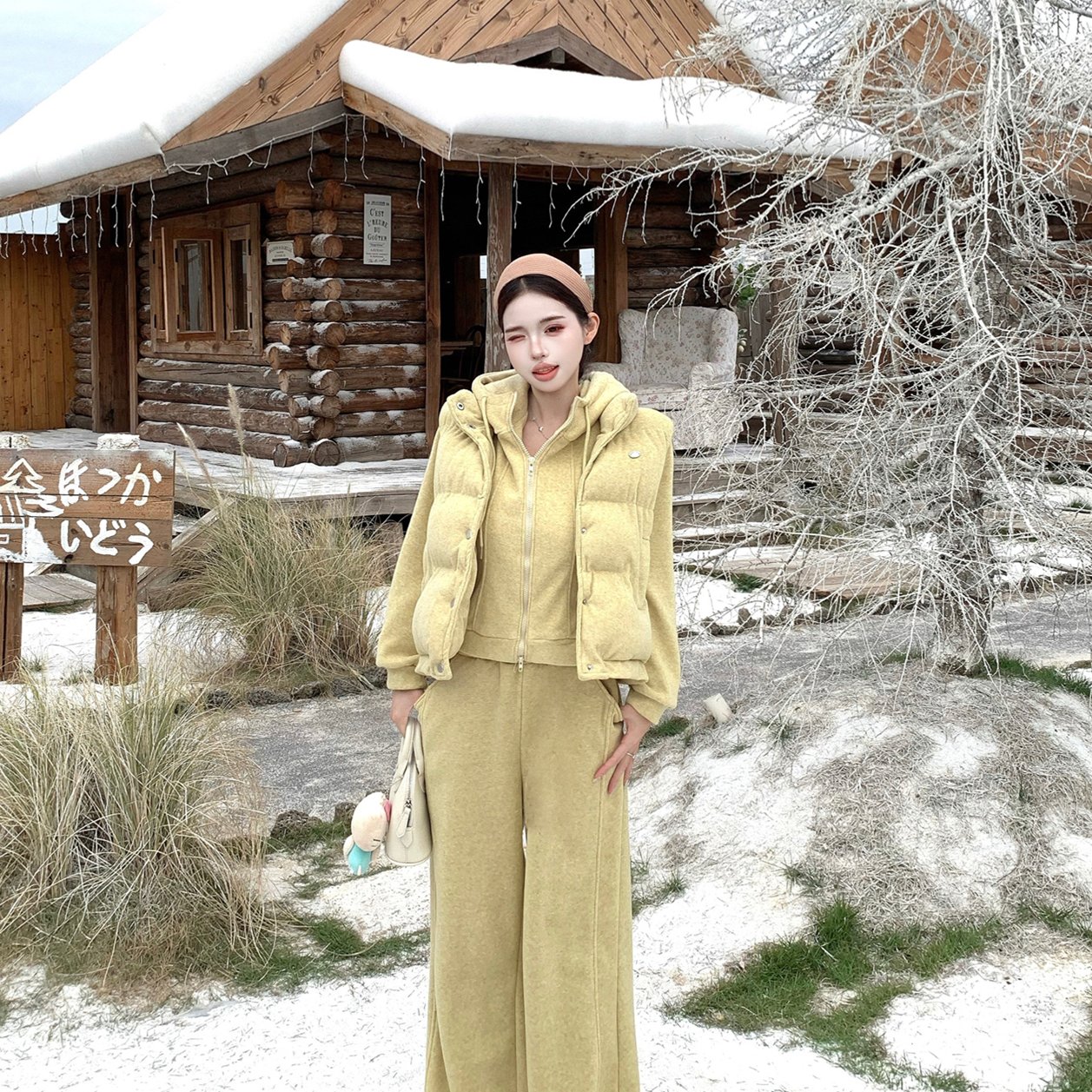 实拍~秋冬 连帽宽松百搭卫衣休闲排扣马甲高腰显瘦休闲长裤三件套