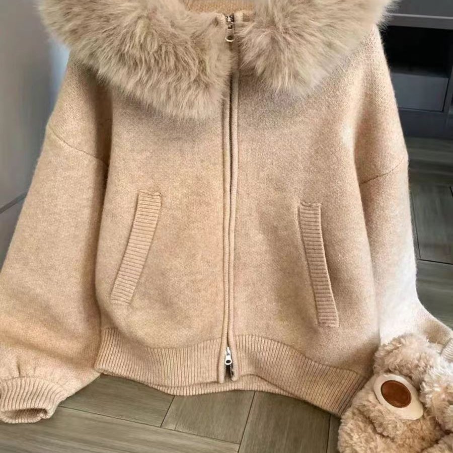 超推荐的可拆卸大毛领毛衣开衫外套女秋冬宽松显瘦软糯针织衫