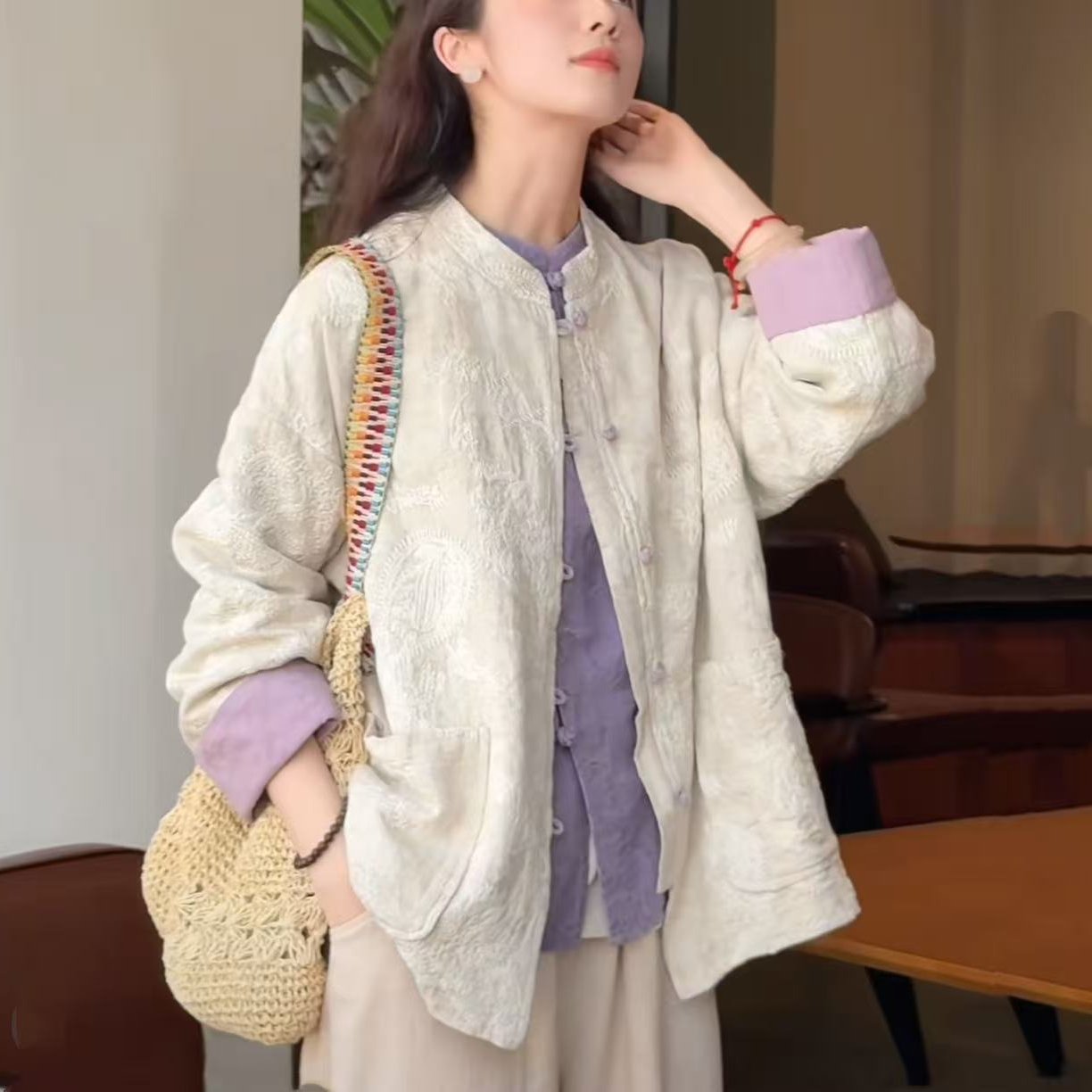 月白秋款上新棉麻新中式重工刺绣开衫外套