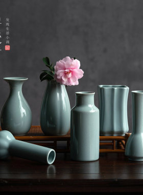 高档汝窑小花瓶复古风经典小花器花插仿宋汝瓷陶瓷家居饰品摆件