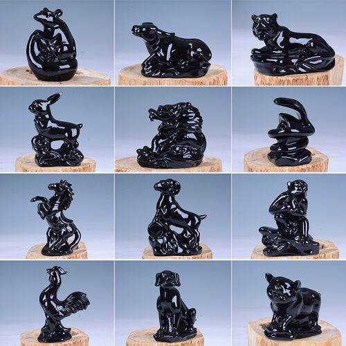 十二生肖摆件全套黄黑色鼠牛虎兔龙蛇马羊猴鸡狗猪陶瓷装饰品摆设
