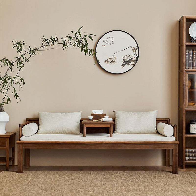 北美黑胡桃木罗汉床新中式高档客厅别墅家具组合实木沙发推拉床塌