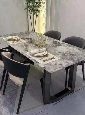 意QNA式简约方形晶石餐桌家小户型用天然彩晶长石超大理石轻奢饭