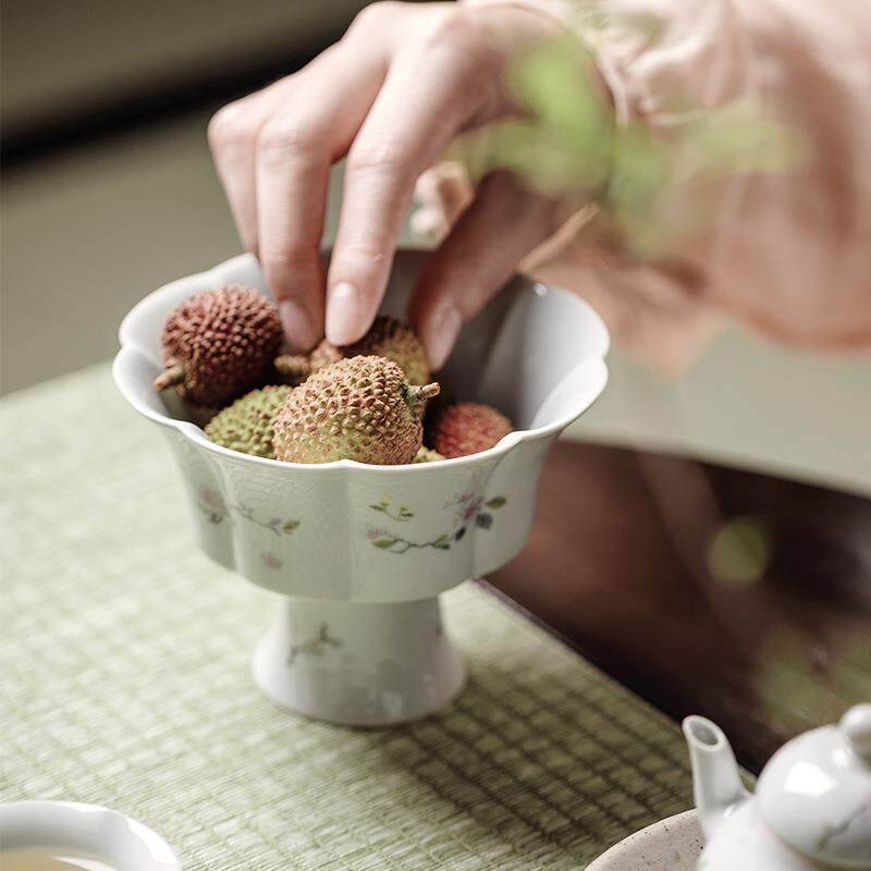 高足莲瓣式高陶脚盘碟小清新小碎花家用瓷茶QCS点点盘日高足心果