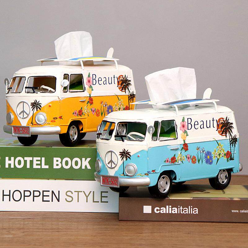 复古巴士车模型居铁艺手工做旧仿真装汽车创纸巾盒家客意厅饰SIW