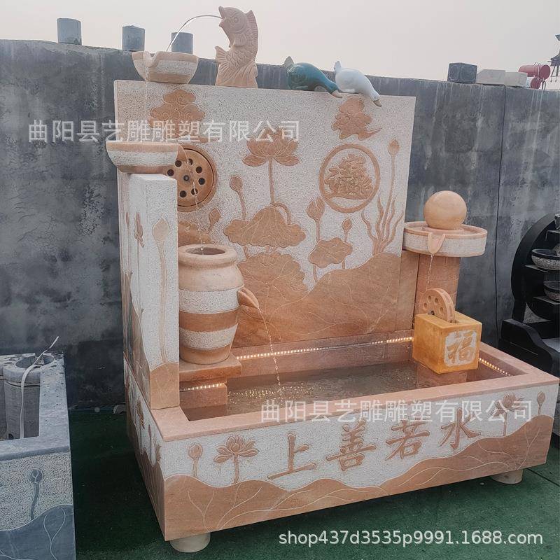 石雕晚霞红合水景观中LSE组观式别墅庭流院景鱼池室内外流水摆件