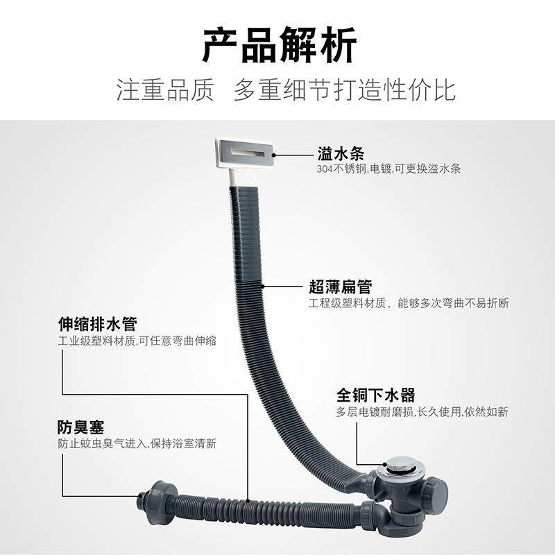 浴缸下器弹跳式塑扁料去水水器UER浴缸超排水管薄贵妃缸对接缸圆