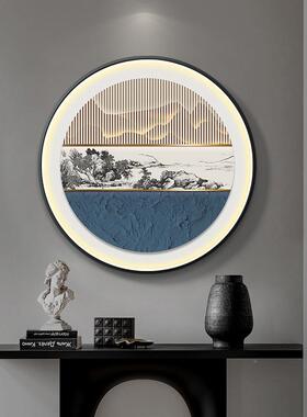 风新中式户玄入关装饰画led山色发光挂圆形餐厅画抽象山水景客厅