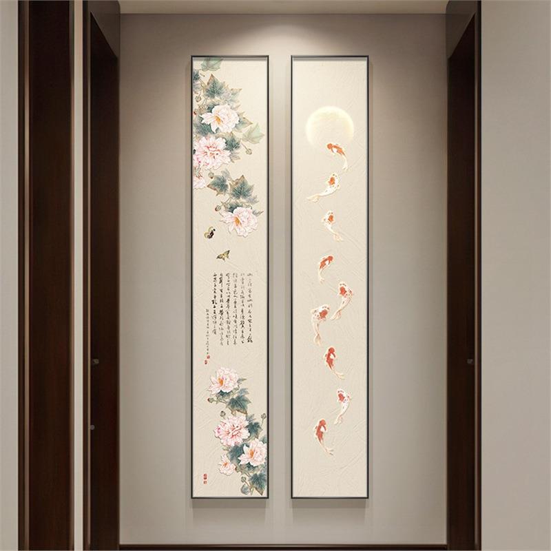 牡丹九玄鱼关装饰画新中好式廊尽头挂画竖版窄长VCT条寓意双走联