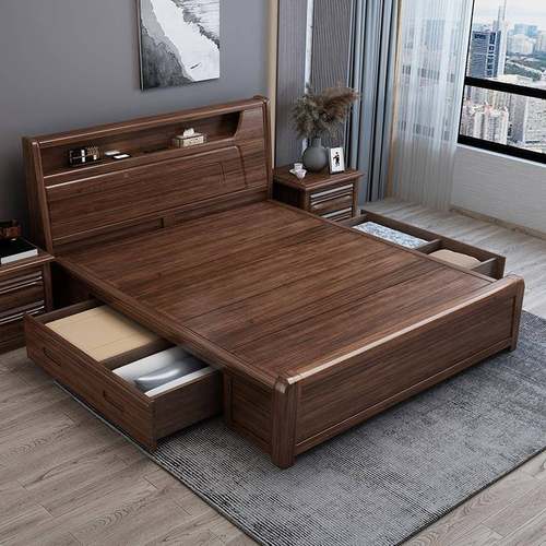 M*胡桃木实木床物.8米1主卧现代简约VLT米x2.22米双人床中式高箱