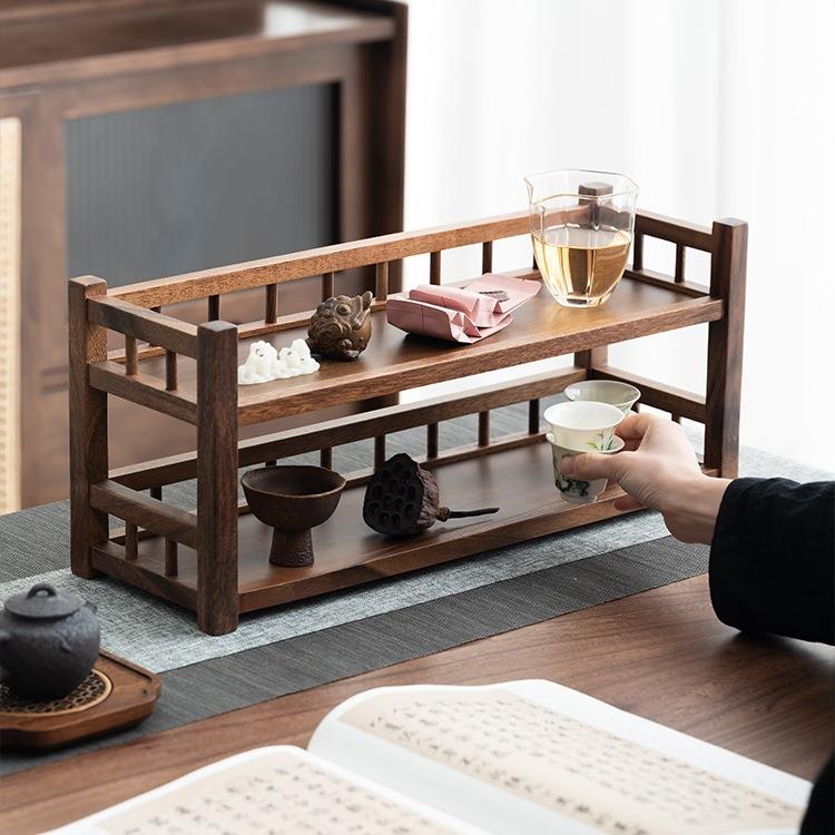 黑胡桃木桌置物架茶室茶桌茶F9775J5H具多架层收书纳架摆放实木书