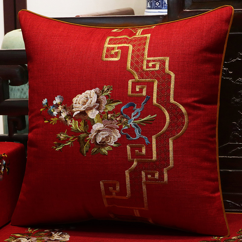 中式抱枕红色喜庆靠垫红木沙发亚麻靠枕客厅实木家具腰枕含芯定制