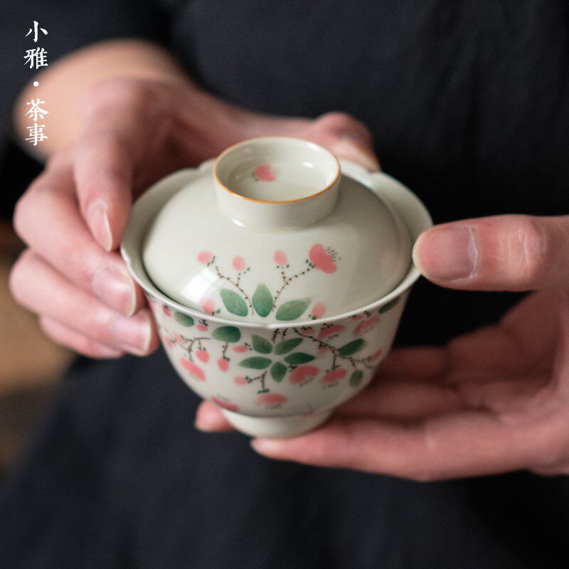 小雅手绘三才盖碗茶杯大号草木灰单个青花瓷功夫泡喝敬沏陶瓷茶具