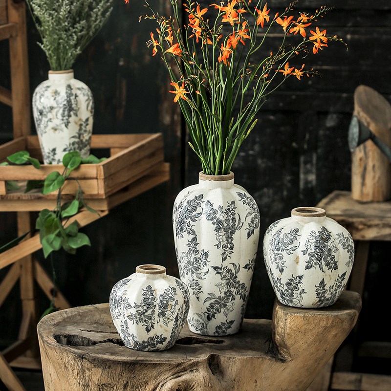 创意复古陶瓷花瓶摆件客厅插花中古高级感雪柳大干花艺术冬青法式