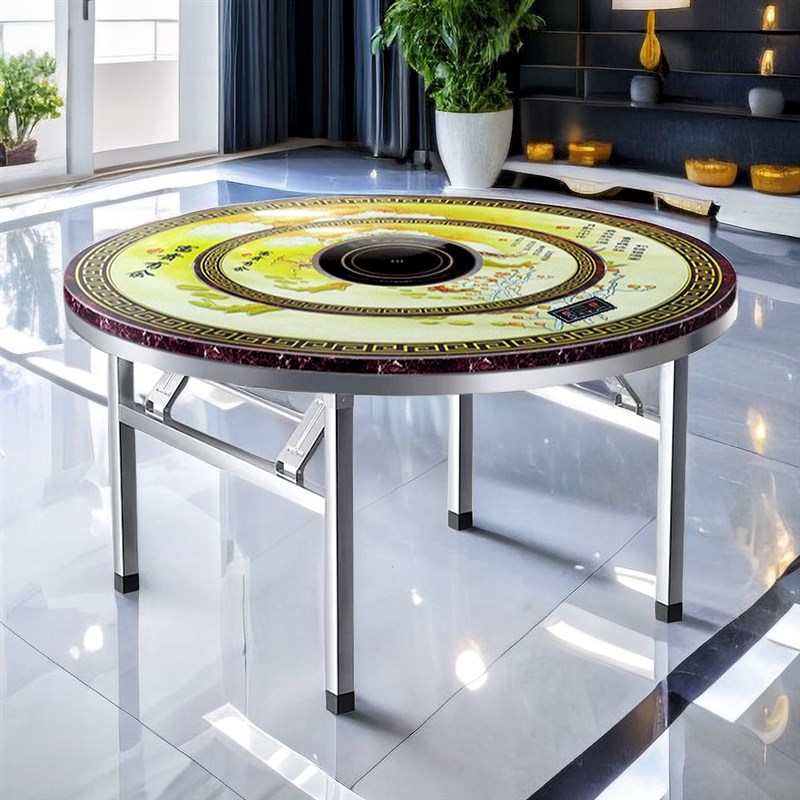 不锈钢内置彩图转盘圆桌火锅桌电磁炉一体打边炉餐桌可折叠免安装