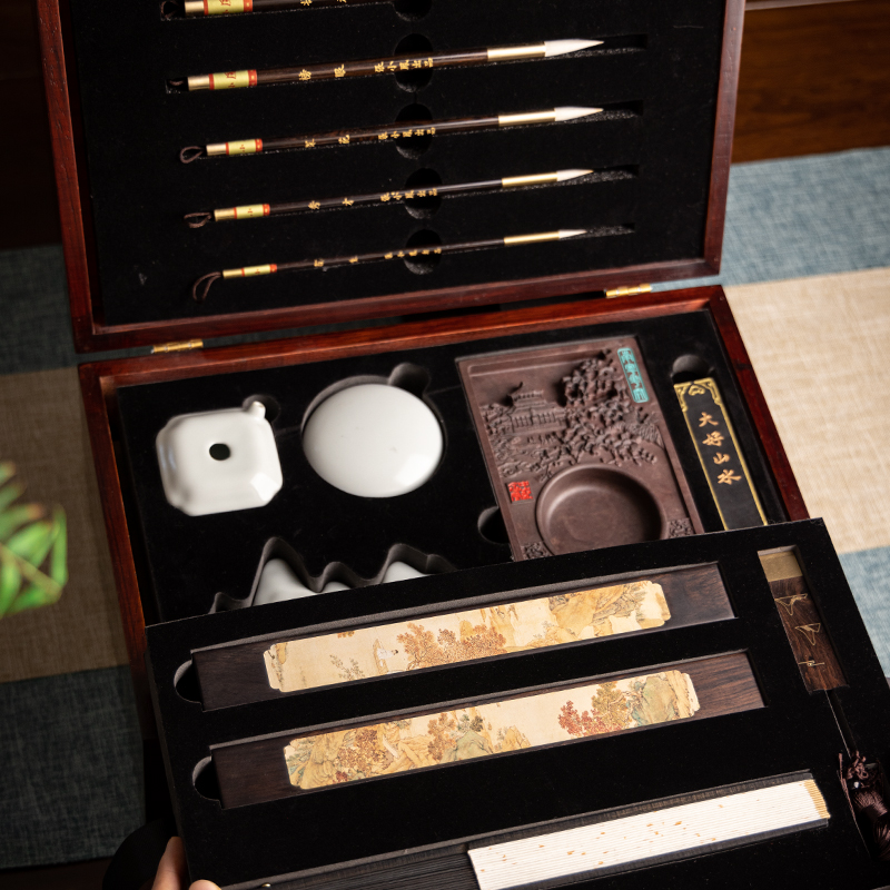 善琏湖笔 闲钓暮山青 文房四宝装毛笔砚台毛笔架笔墨纸砚墨条端砚