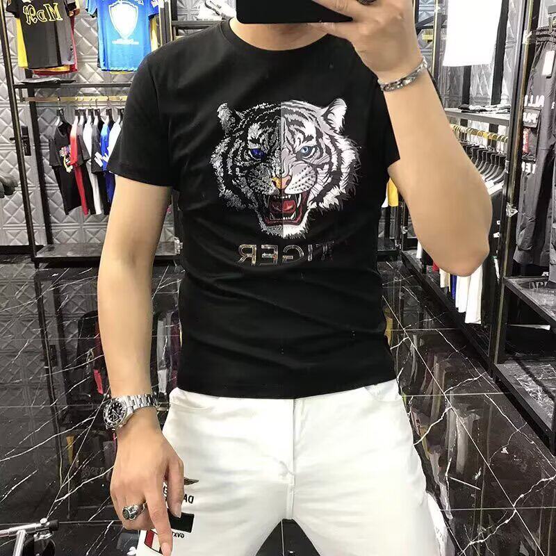 欧洲站夏季新款男潮ins老虎头烫钻T恤潮牌情侣短袖港风黑色半袖衫