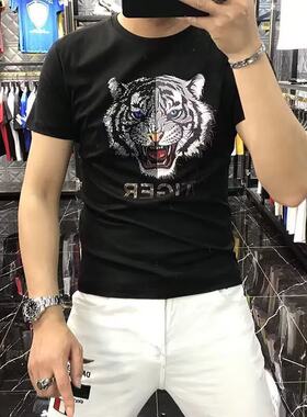 夏季港风烫钻老虎头短袖T恤男