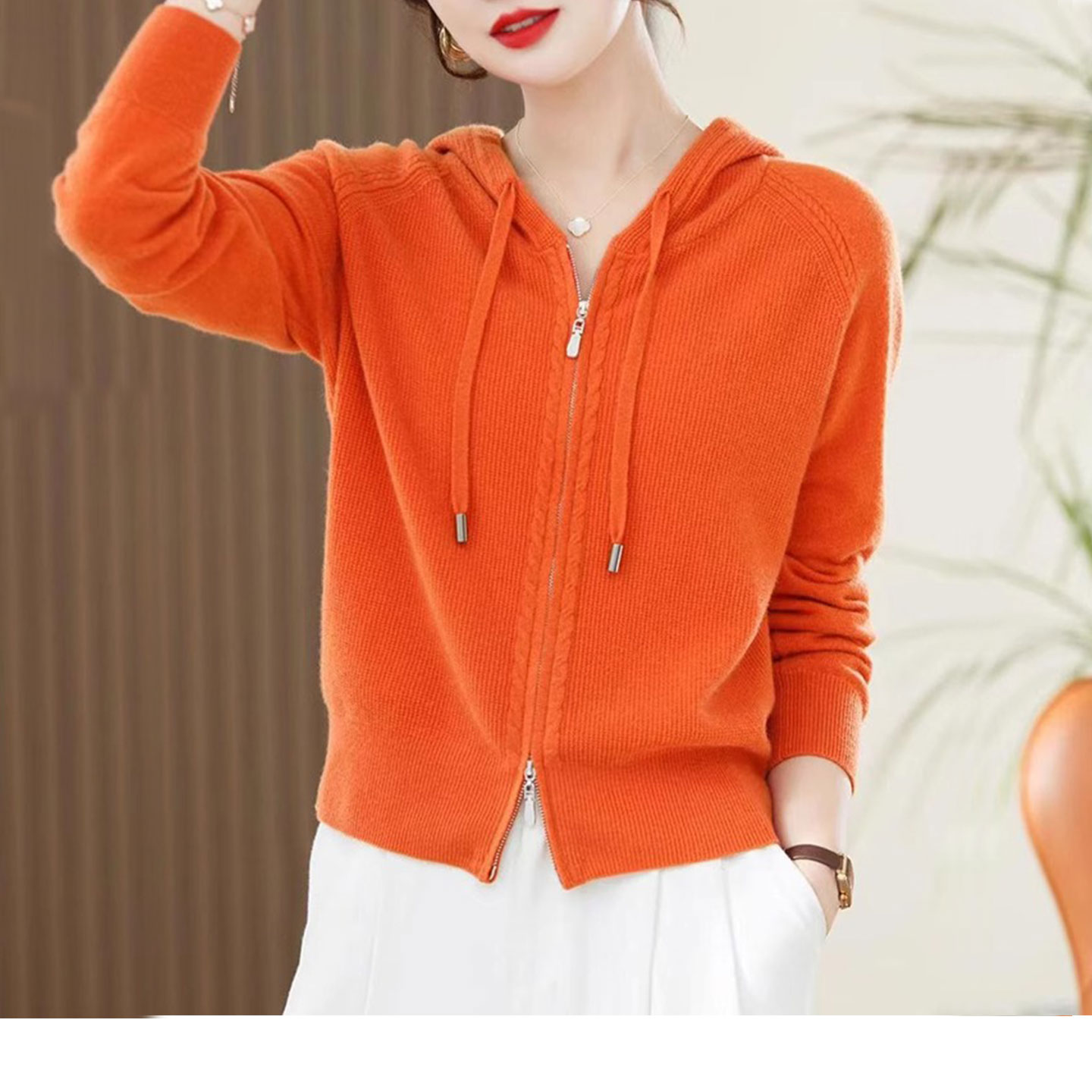 连帽羊毛针织开衫外套女