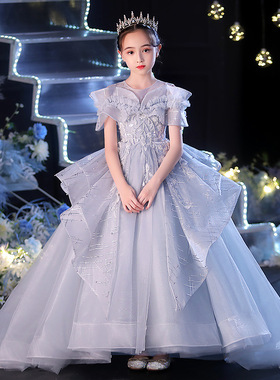 高端礼服拖尾走秀蓬蓬纱公主裙女大童女孩主持花童洋气钢琴演出服