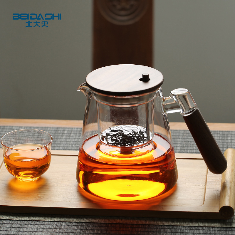 北大史 飘逸杯全玻璃  茶壶一键过滤黑胡桃木把手冲茶器功夫茶具