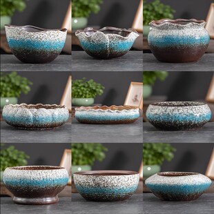 大口径水培花盆碗莲铜钱草专用缸家用一叶莲睡桌面窑变陶瓷带托盘