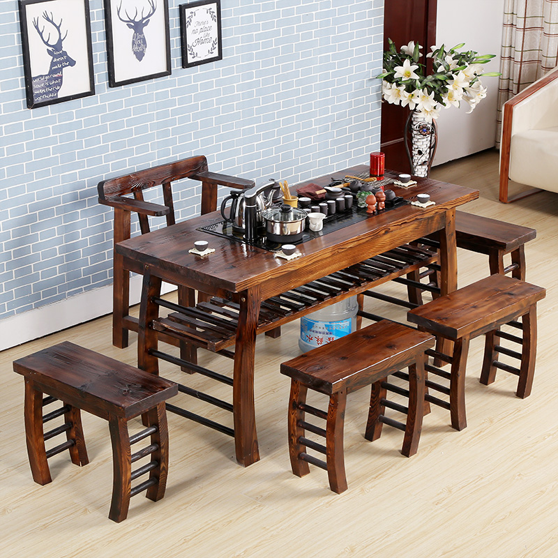 实木茶桌茶台中式家用庭院阳台防腐木仿古喝茶桌椅茶艺桌功夫茶几