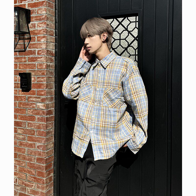 气质复古宽松格子衬衫外套男女新款时尚穿搭高级感情侣bf长袖衬衣