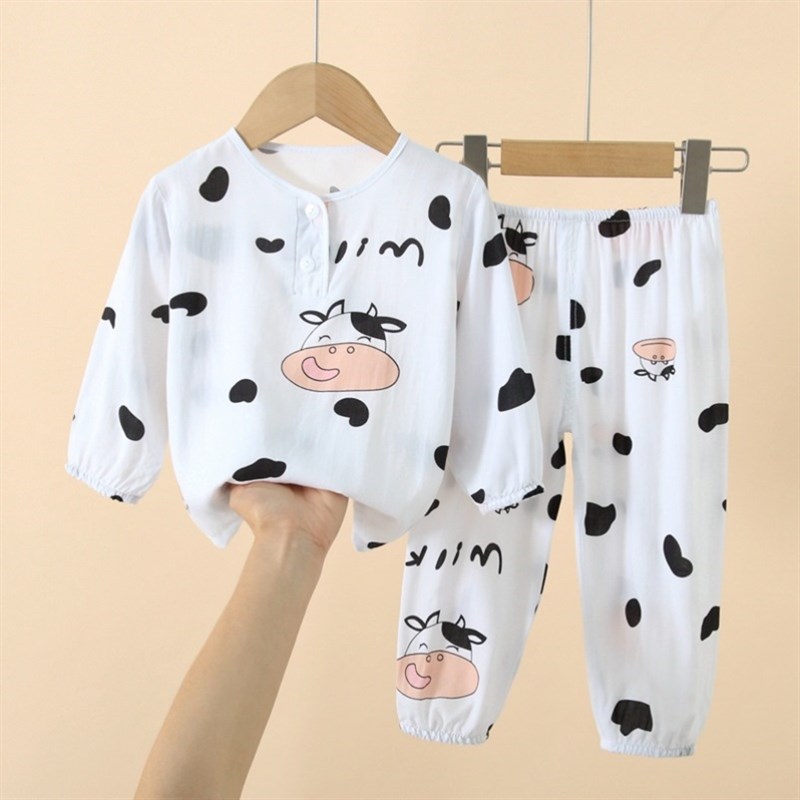 儿童夏季束口棉绸睡衣裤套组0一9岁婴幼儿1男女宝宝3长袖薄款空调