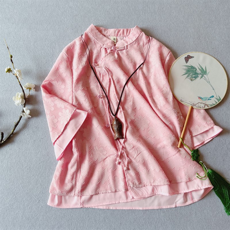 中国风复古斜襟雪纺贴花盘扣上衣女夏装中式茶服文艺范五分袖衬衫