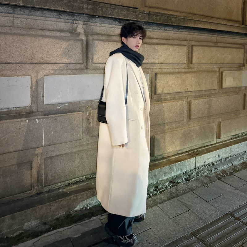 冬装韩国米色毛呢大衣男时尚长款过膝设计感呢料气质风衣加厚外套