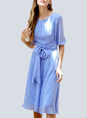 大码胖mm蓝色波点雪纺洋气七分袖连衣裙子女无袖2024新款春秋夏季