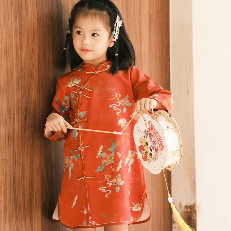 女童旗袍秋冬季2022新款儿童古装改良民国风宝宝红色连衣裙中国风