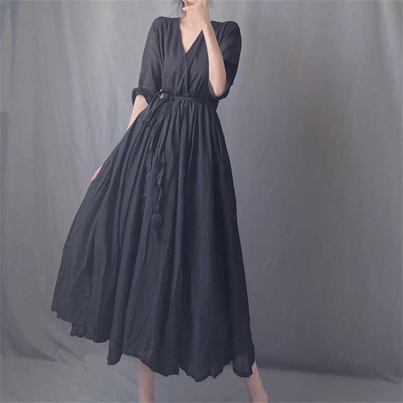 女装新暗黑系斜襟V领套头长款过膝收腰系带大裙摆连衣裙白色裙子