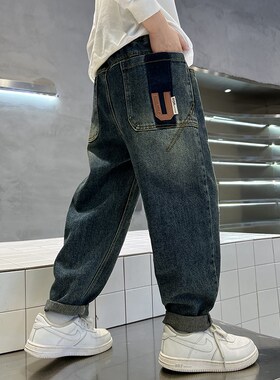 儿童装男童春装裤子2024新款男孩春秋款中大童春季一体加绒牛仔裤