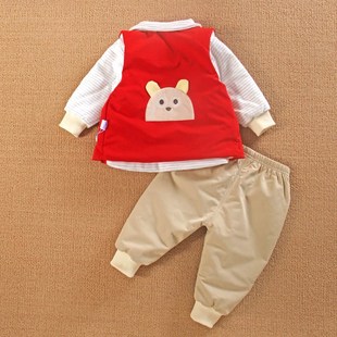0一1岁男宝宝装分体款红色夹棉衣服春秋冬6四3个月婴儿三件套装季